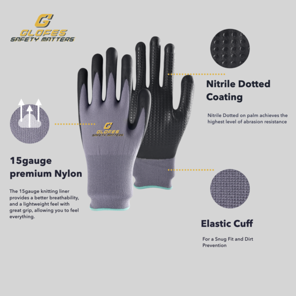 Nitrile Coated Safety Work Gloves, Dots for Anti-Slip Grip, Endurance Seamless Knit - Image 2